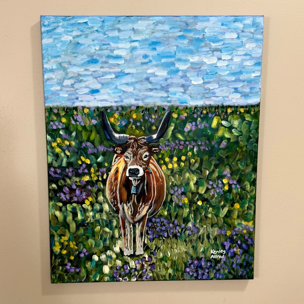Original Cow in Field Animal Canvas Painting Artwork Size 16”x20”